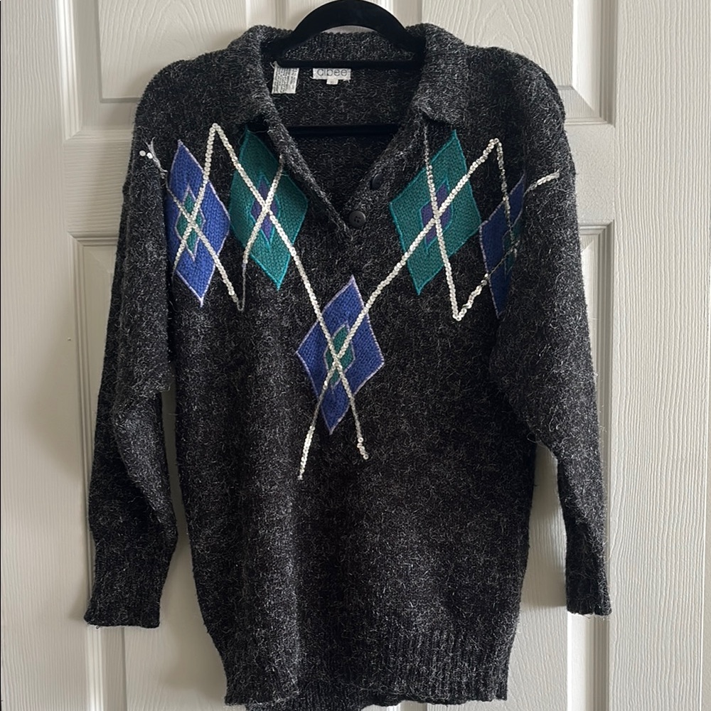 Argyle Patterned Gray Sweater